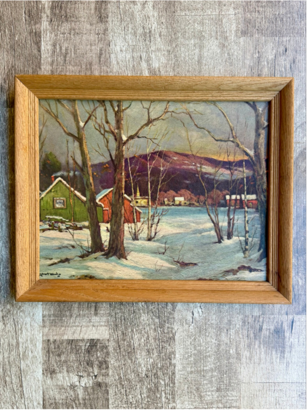 Vintage Framed Art Print Winter Landscape Snow Scene Robert Wood Signed